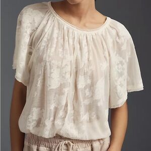 Anthropologie || ivory semi sheer floral print flutter sleeve tee
